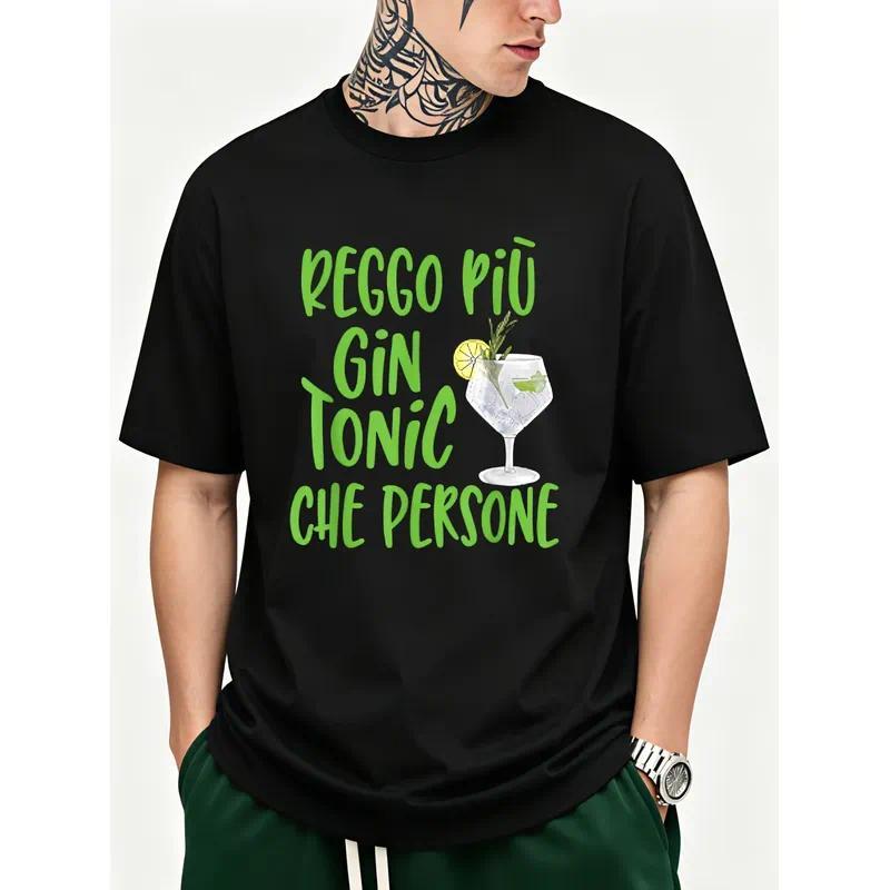 ตลกอิตาเลี่ยนสโลแกน Gin Tonic Cocktail เสื้อยืดกราฟิก Unisex สีดํา Casual Tee