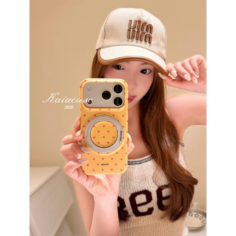 QUMI QUMI QUMI ก้นสีเหลืองเต็มหน้าจอสีชมพู Polka Dot เคสหมูเหมาะสําหรับ Apple 17promax เคสโทรศัพท์ i