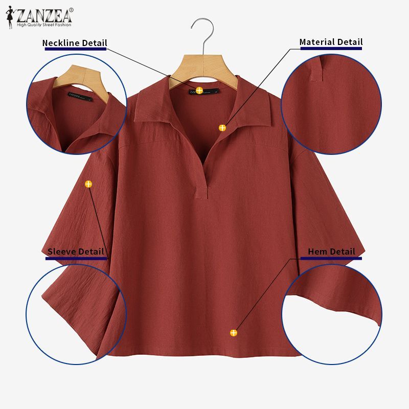 ZANZEA ผู้หญิงเกาหลีปกลําลอง Five-Quarter Sleeve Half Placket เสื้อหลวม — صورة 7