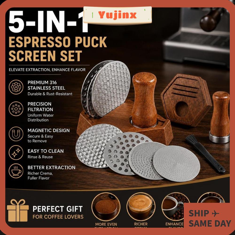 YUJINX Espresso Puck Screen Kit, แปรงไนลอน Sapele Wood Stand Coffee Puck Screen Set, Screen Storage 