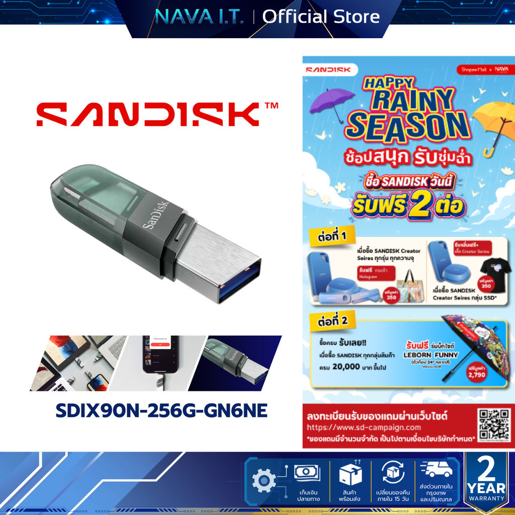 SANDISK SDIX90N-256G-GN6NE (แฟลชไดร์ฟ) iXpand Flash Drive Flip - 256 GB (Sea Green) รับประกัน 2 ปี