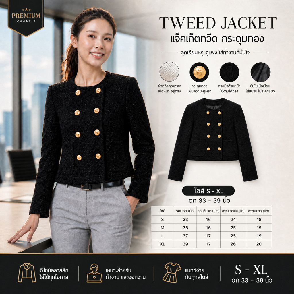 เสื้อแขนยาว ทวิต ดีเทลแต่งกระดุม 1 ข้าง (มีซับใน) กระเป๋าหน้าใช้งานได้จริง ทรงสวย ใส่แล้วดูหรูดูแพง