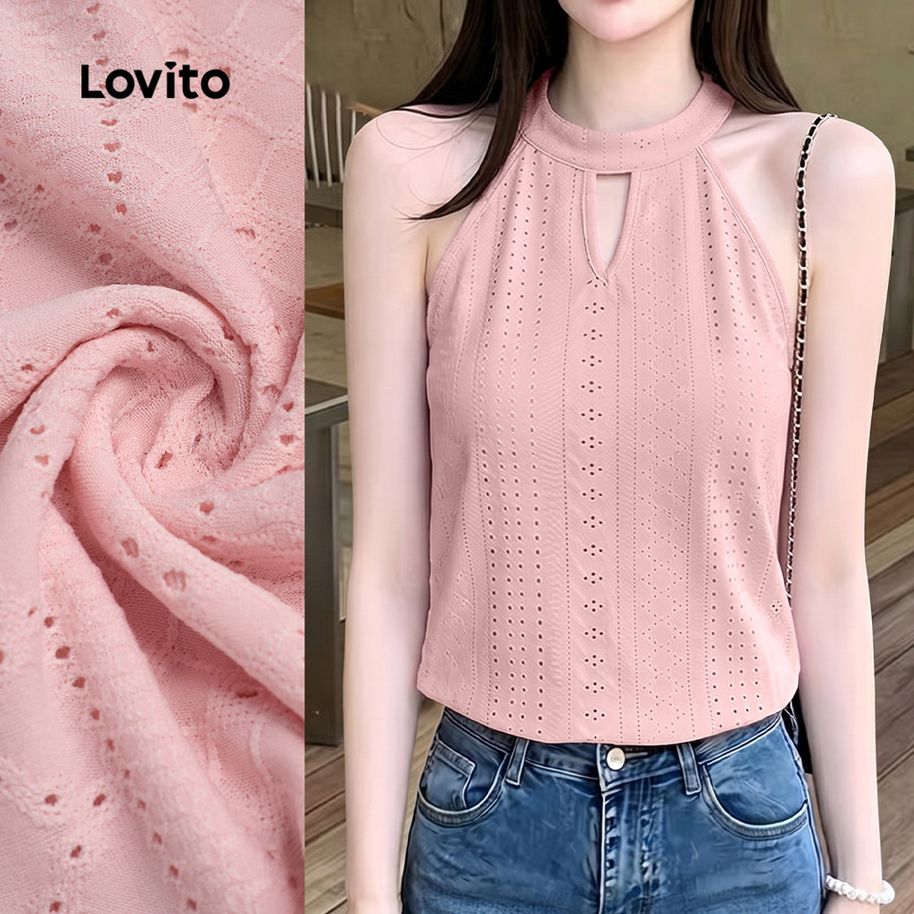 (New Arrival) Lovito เสื้อลําลองผู้หญิง ผูกโบว์ด้านหลัง ดีไซน์เจาะรู สีเทา/ชมพู ฤดูใบไม้ผลิ/ฤดูร้อน 