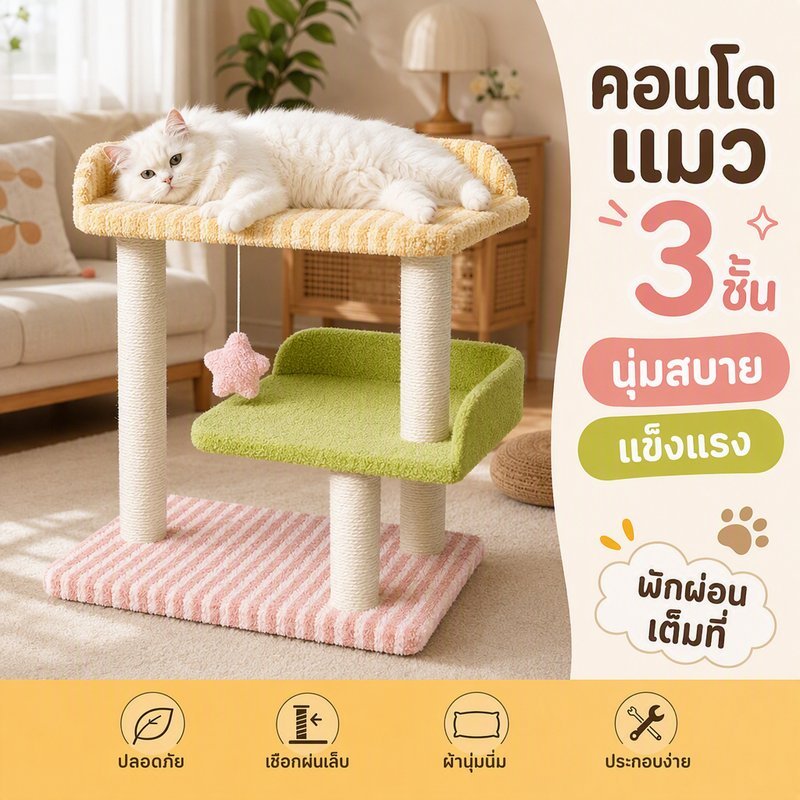 คอนโดแมว ต้นไม้แมว ที่ลับเล็บแมว 3ชั้น บ้านแมว เสาป่าน ของเล่นแมว ที่นอนแมว ประหยัดพื้นที่