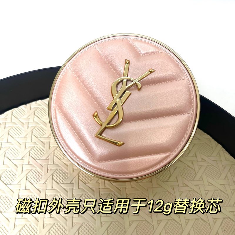 ysl 粉色皮革外壳气垫空盒金边12克 气垫外壳替换盒 气垫盒带镜子 เคสใส่คุชชั่นหนังสีชมพู YSL ขอบสีทอง 12 กรัม, กล่องเปลี่ยนเคสคุชช