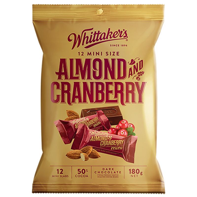 วิทแทคเกอร์ช็อกโกแลตนมผสมเกล็ออัลมอนด์และแครนเบอร์รี่ 180กรัม Whittaker Almond and Cranberry  Chocolate 180g.