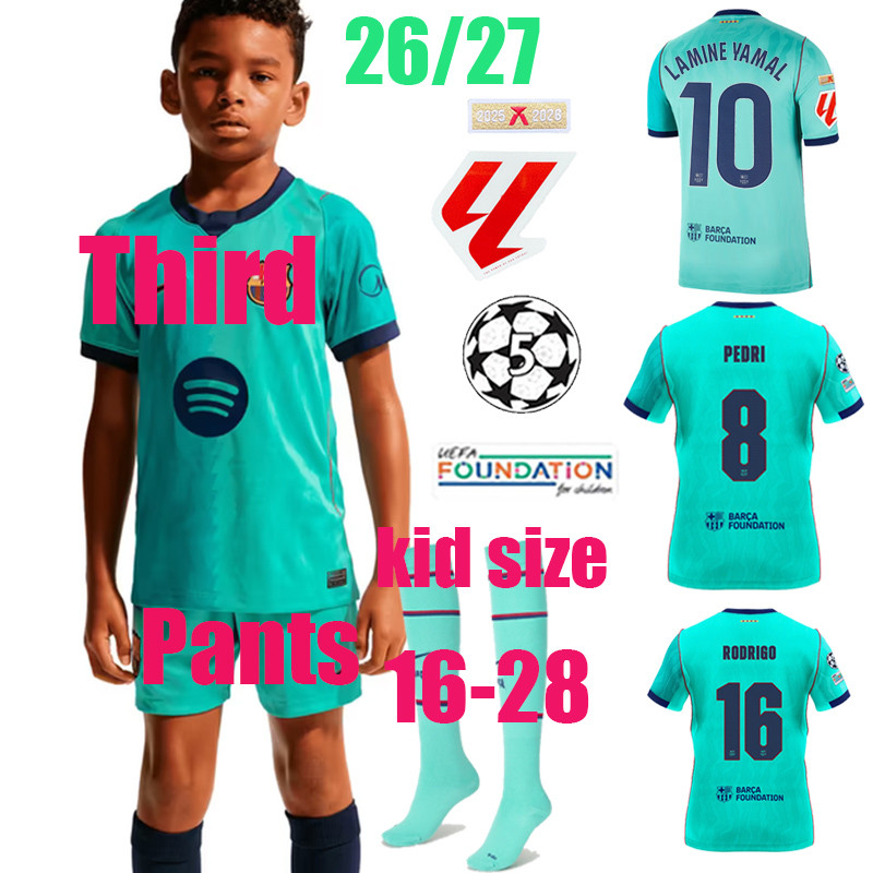 26/27 LAMINE YAMAL รองเท้าฟุตบอล 26/27 ‌เด็กบาร์ça-Third jerseys พร้อมกางเกงและถุงเท้า FERERN GAVI P