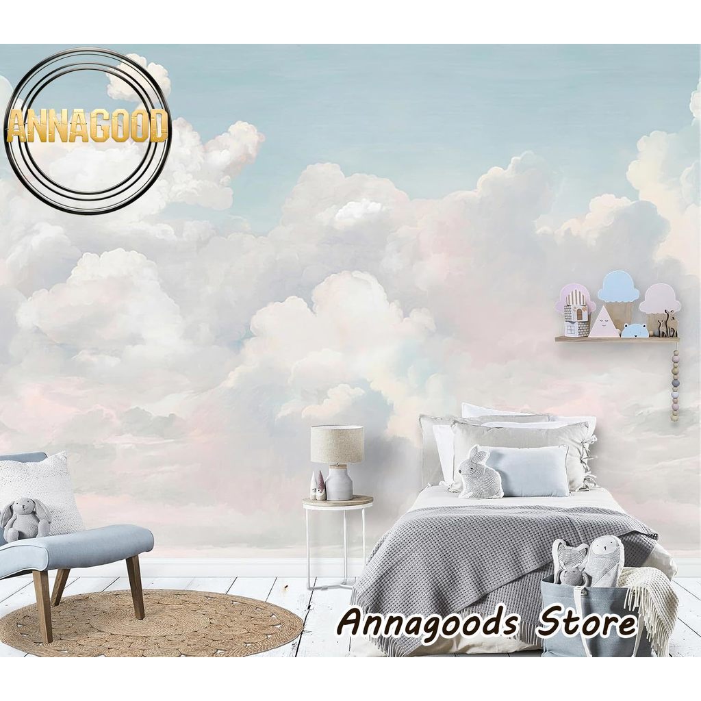 Dreamy สีพาสเทลสีน้ํา Fluffy Clouds Sky วอลล์เปเปอร์ตกแต่งห้องนอนภาพจิตรกรรมฝาผนังห้องนั่งเล่นเด็กพื