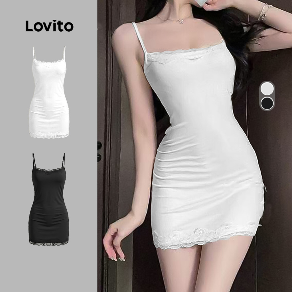 Lovito ชุดนอนผ้าลูกไม้สีพื้นเรียบๆ สำหรับผู้หญิง LNE148063