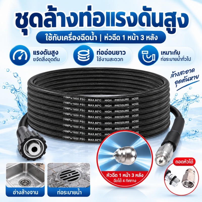 🔥ส่งไว สายล้างท่อแรงดันสูง สายทะลวงท่อ พร้อมหัวฉีด ใช้กับเครื่องฉีดน้ำแรงดันสูง ล้างท่อระบายน้ำ ห้องน้ำ ห้องครัว
