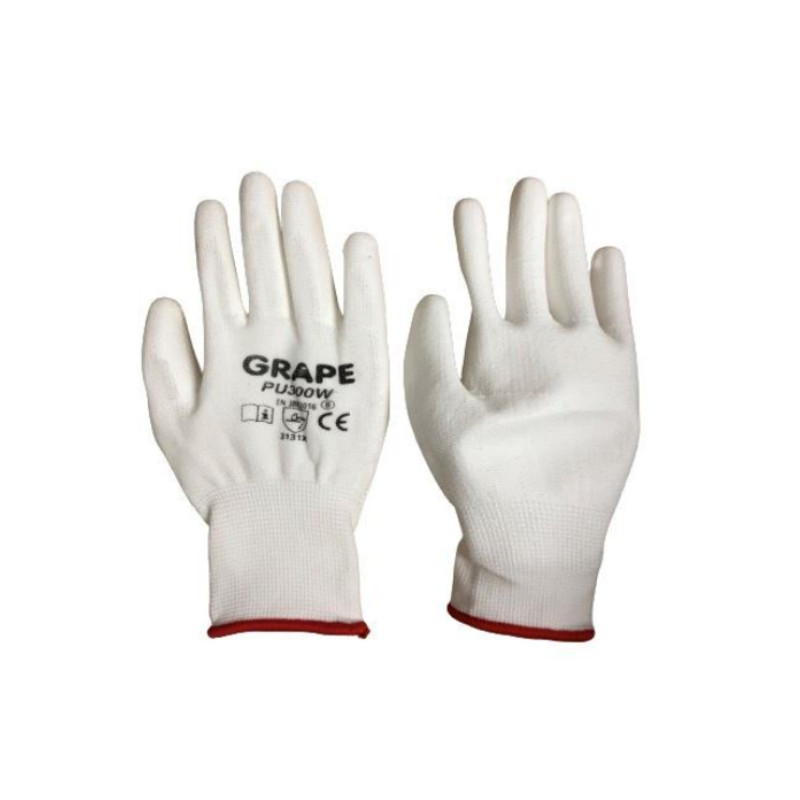 GRAPE ถุงมือโพลีเอสเตอร์เคลือบ PU เต็มฝ่ามือ รุ่น PU300W สีขาว ขนาด S (แพ็ค 12 คู่)