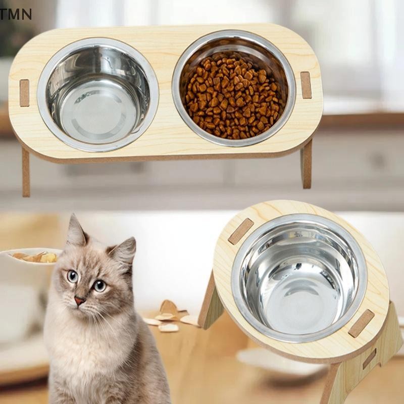 [TMN] ชามให้อาหารแมวและสุนัขชามป้องกันการติ๊บชามสแตนเลสสัตว์เลี้ยงพร้อมไม้รองรับการออกแบบป้องกันคอ 2