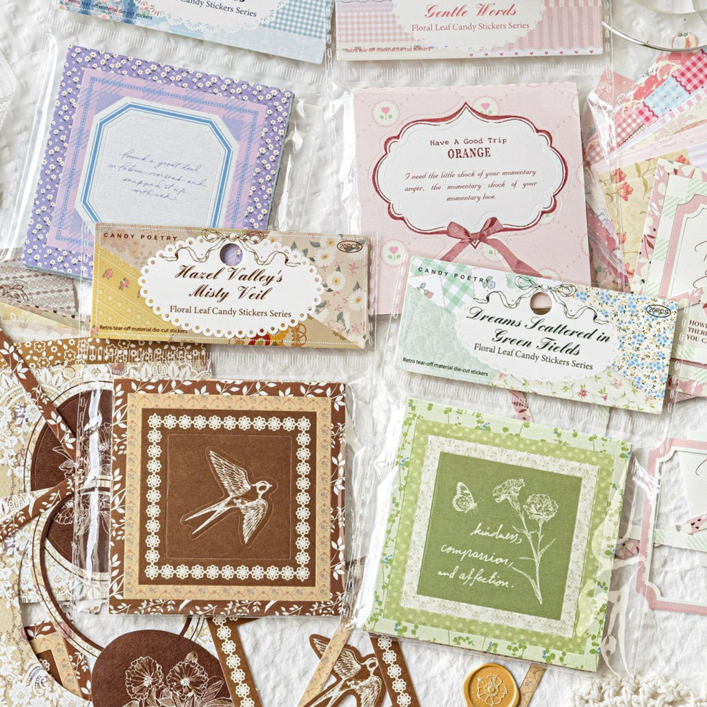 ไดลี่|20 แผ่น Simple Salt Series Tearable Die-Cut สติกเกอร์แพ็คดอกไม้ Leaf Cube Candy สติกเกอร์มือ Tear Edge สติกเกอร์คู่มือภูมิทัศน์ DIY สติกเกอร์ตกแต่งคู่มือสติกเกอร์
