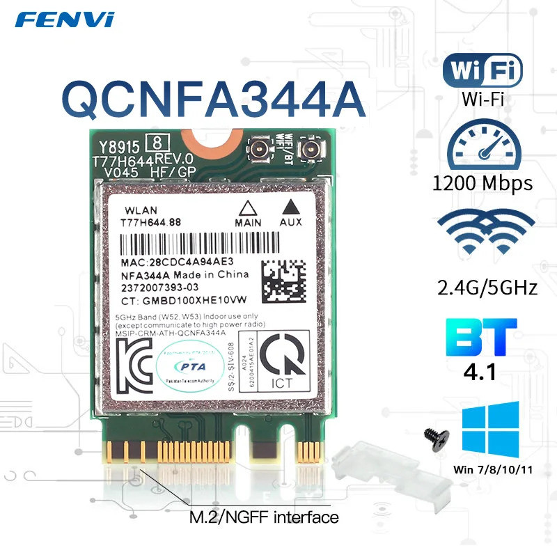 QCNFA344A 867Mbps 802.11AC สําหรับบลูทูธ 4.1 WLAN การ์ด WiFi ไร้สาย Qualcomm Atheros QCNFA344A Dual 