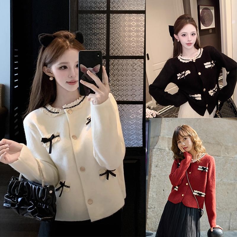 ohho เสื้อคาร์ดิแกนถักขอบลูกไม้ ฤดูใบไม้ร่วง 2025 สไตล์ฝรั่งเศส สเวตเตอร์แขนยาวผูกโบว์#C176