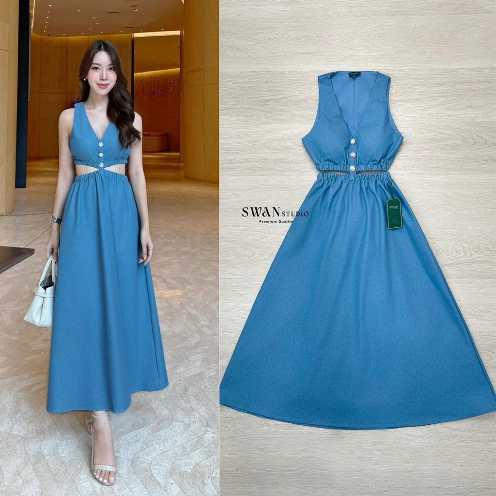 Kung_Maa เดรสยาวแขนกุดผ้ายีนส์ทรงสวย เดรสยีนส์ไปงาน Swan310 KM.