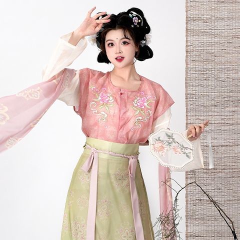 T Tang Made Hanfu ปัก Tang Yuzi เสื้อคอกลมเอวยาวแปดหักกระโปรงชุดทุกวัน 2025 สไตล์