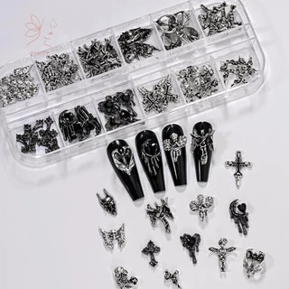 [maybeauty] 12Grid Vintage Cross Nail Art Charms Y2k โลหะสไตล์โลหะผสม Cross Skeleton Angel อุปกรณ์ตกแต่งเล็บ {TH}