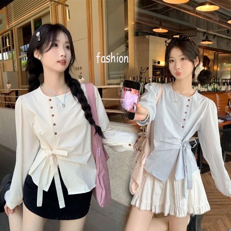 Cuties W663 เสื้อครอปเชิ้ตแขนยาว ผ้าคัตตอน เสื้อเชิ้ตแขนยาวผู้หญิงสไตล์เกาหลี ดีเทลมีสายผูกเอว แฟชั่นยอดฮิต