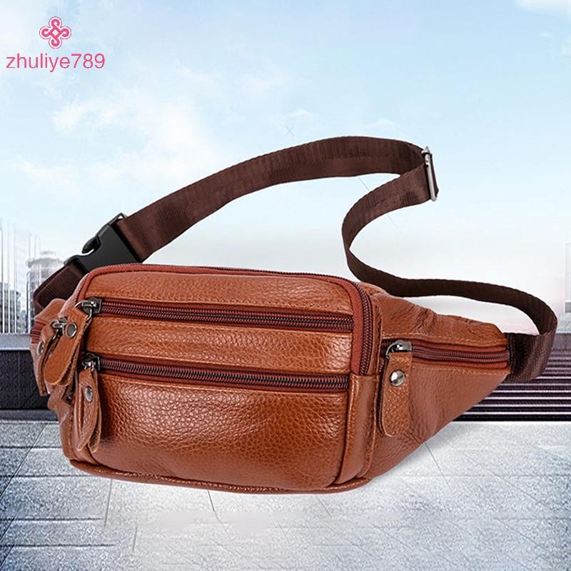 <จูลี่เย่789> ความจุขนาดใหญ่กันน้ําจริงหนังผู้ชายเอวกระเป๋าหนังวัวซิปเว็บไซต์คนงานเดินทางสันทนาการกร