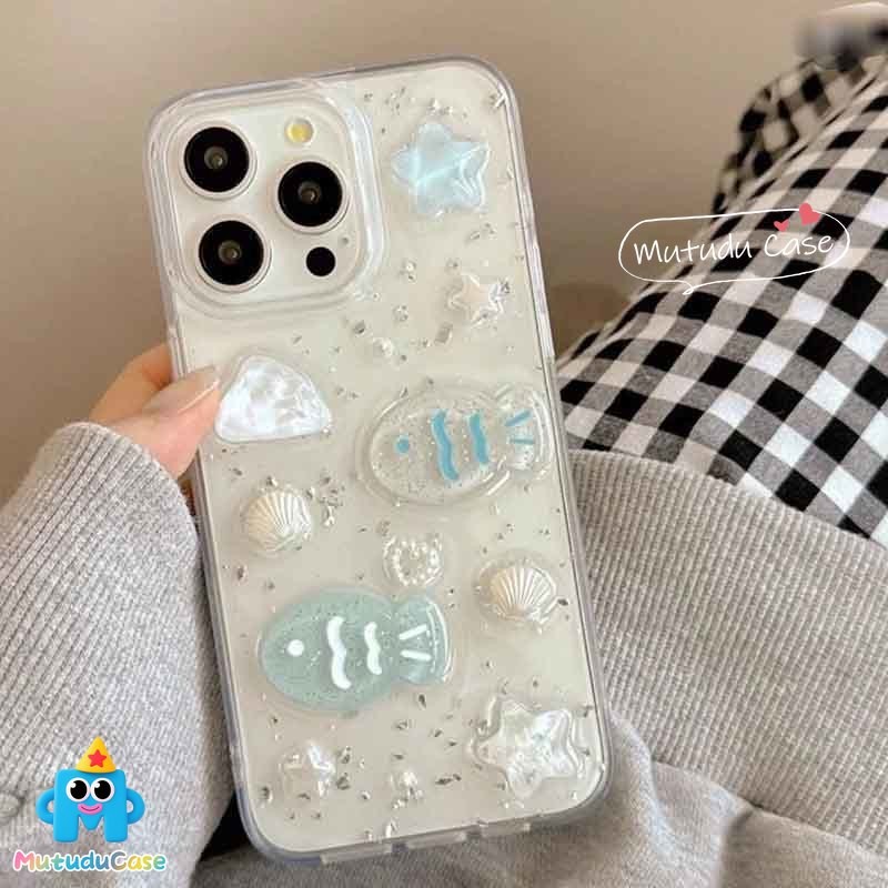 เหมาะสำหรับ IPhone 11 17 15 13 12 16 14 Pro Max X XS XR Max 7 8 Plus ตุ๊กตาดาวปลาทะเลเปลือกหอยไข่มุกฝาครอบผงเพชร