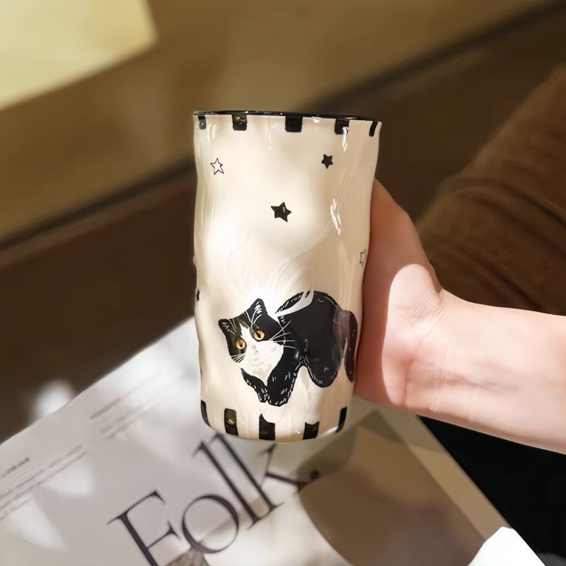 [JJ HOME] แก้วเซรามิคแมวดําย้อนยุคน่ารักถือถ้วยกาแฟความจุขนาดใหญ่ถ้วยนม Handy Cup ของขวัญวันเกิดแลกเ