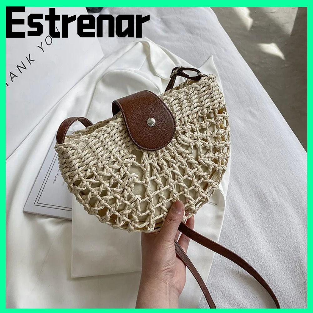 ESTRENAR กระเป๋าฟางฤดูร้อน, แฟชั่น Messenger กระเป๋าถือครึ่งวงกลมกระเป๋าสะพายข้าง, หวาย Handmade Travel ผู้หญิงกระเป๋าสะพายกลวง