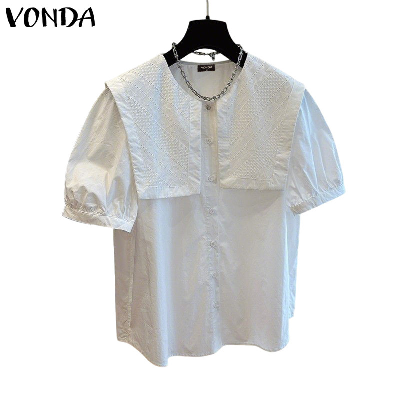 VONDA เสื้อผ้าสไตล์เกาหลีสำหรับผู้หญิง ดีไซน์คอตุ๊กตา พัฟแขนปัก_patchwork