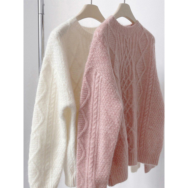 เสื้อสเวตเตอร์ถักคอกลมสำหรับผู้หญิง aiiz cardigan เสื้อสเวตเตอร์คอกลมสีชมพูสไตล์เกาหลีสำหรับผู้หญิงแ