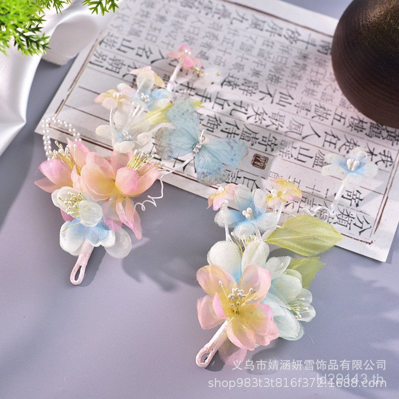 เครื่องประดับผม Hanfu สไตล์โบราณ ลายดอกบํานาค สีชมพูและเส้นด้ายฝ้าย HF747 จากKKCC