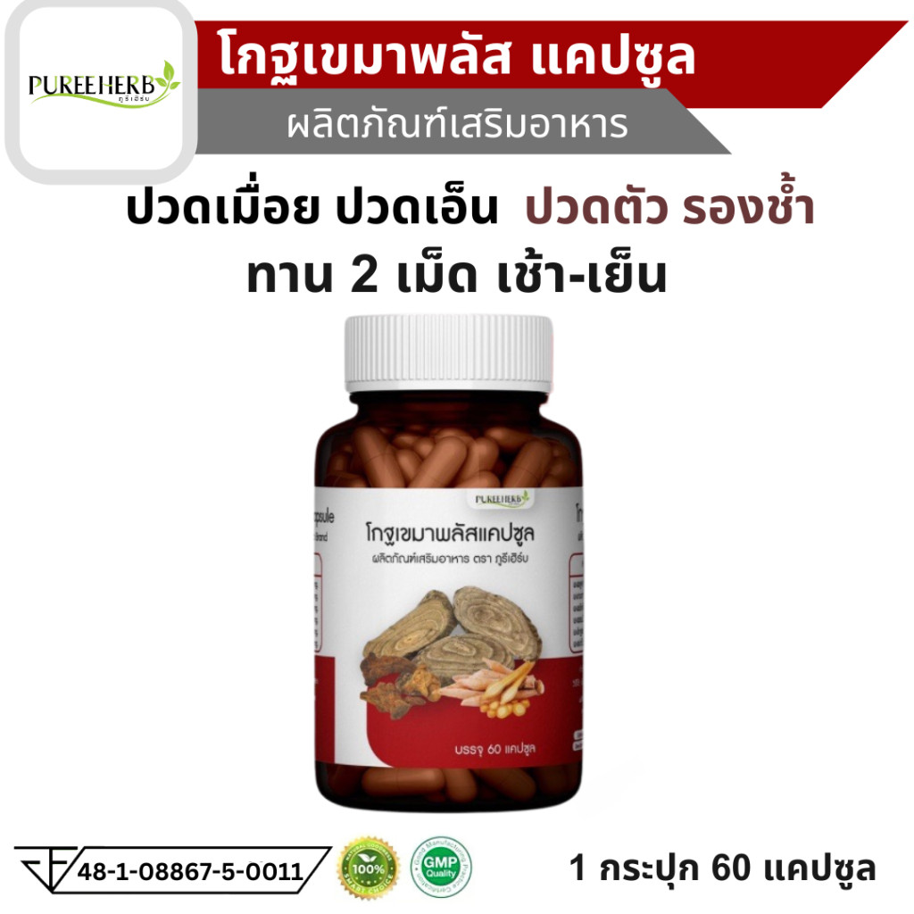 โกฐเขมาพลัสแคปซูล ภูรีเฮิร์บ Puree Herb ปวดข้อ ปวดเข่า ปวดหลัง ปวดเอว ปวดเมื่อย เส้นยึด เส้นตึง