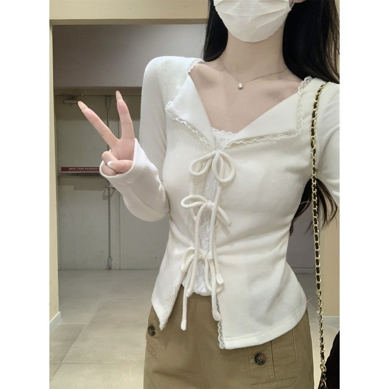 เกาหลีของปลอมสองชิ้นลูกไม้การประกบแขนยาวเสื้อยืด หวานหูกระต่ายทรงเข้ารูปเสื้อแจ็กเกต จัดส่งจากกรุงเทพ - รูปที่ 3