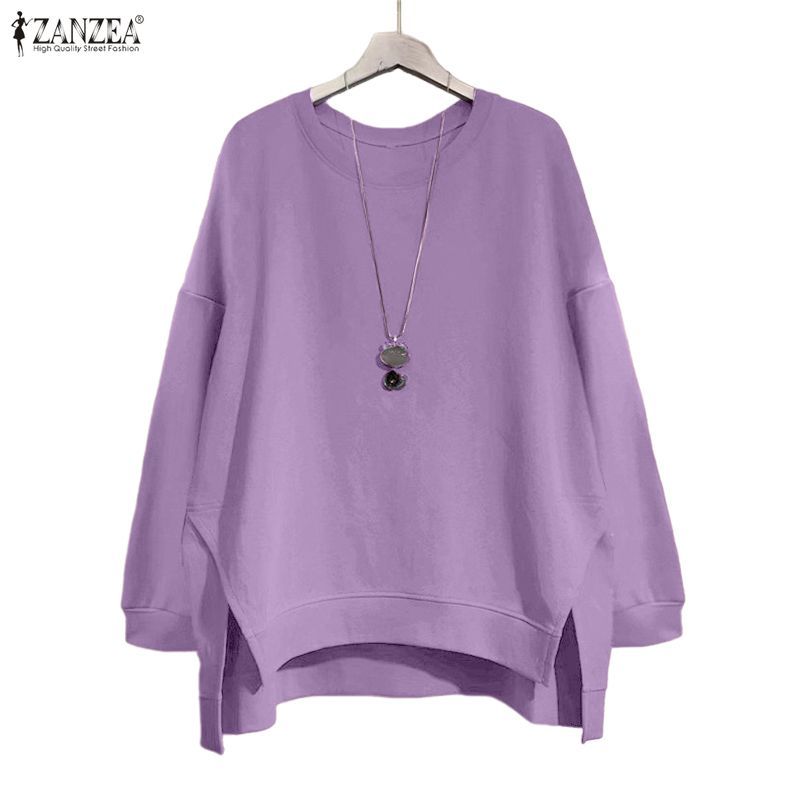 ZANZEA ผู้หญิงเกาหลีทุกวัน Casual Side Slits สั้นด้านหน้ายาวกลับรอบคอหลวม A-Line เสื้อแขนยาวเสื้อสวมหัว