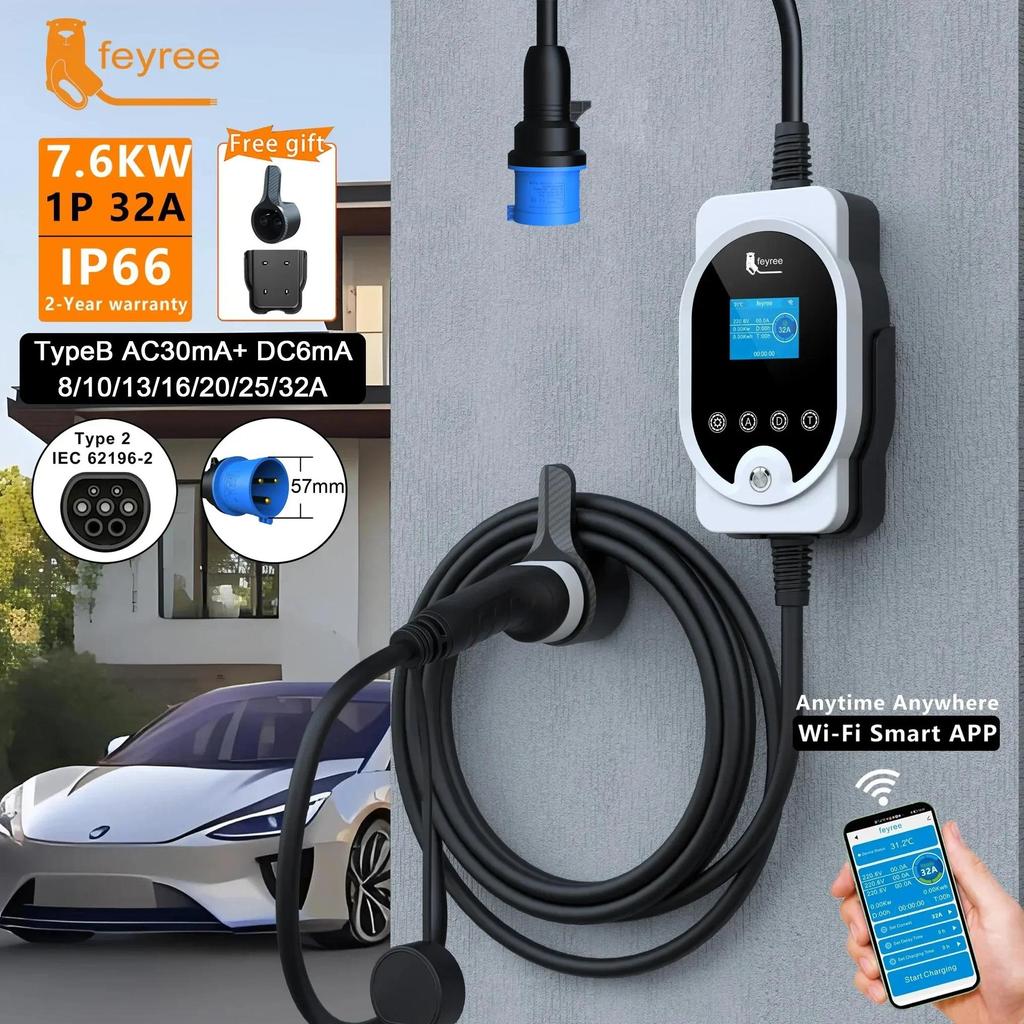 Feyree EVSE Wallbox Type2 EV Charger 7KW 32A 1P Fast CHARGING APP การตั้งค่าการควบคุม Wi-Fi ปัจจุบัน