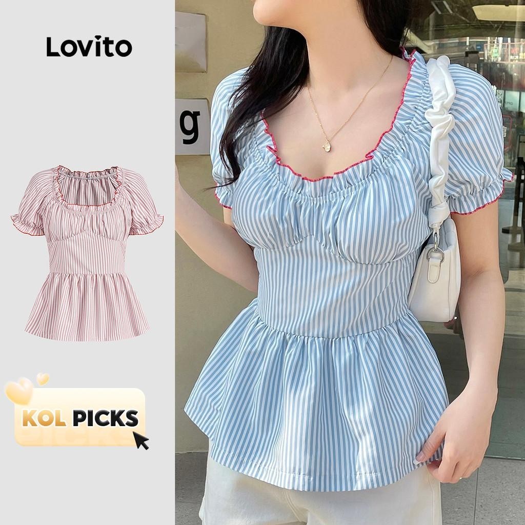 (KOL‘s pick) Lovito น่ารักลายจีบคมชัดผูกพันเสื้อสม็อคสําหรับผู้หญิง L125AD492