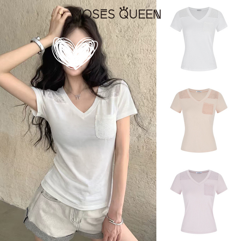 MOSESQUEEN เสื้อยืดแขนสั้นคอวีแขนยาวเร้าอารมณ์บริสุทธิ์สาวร้อนพร้อมการเย็บปะติดปะต่อกันเนื้อฤดูร้อนและการออกแบบติดตั้งสําหรับความเห็นอกเห็น #63956