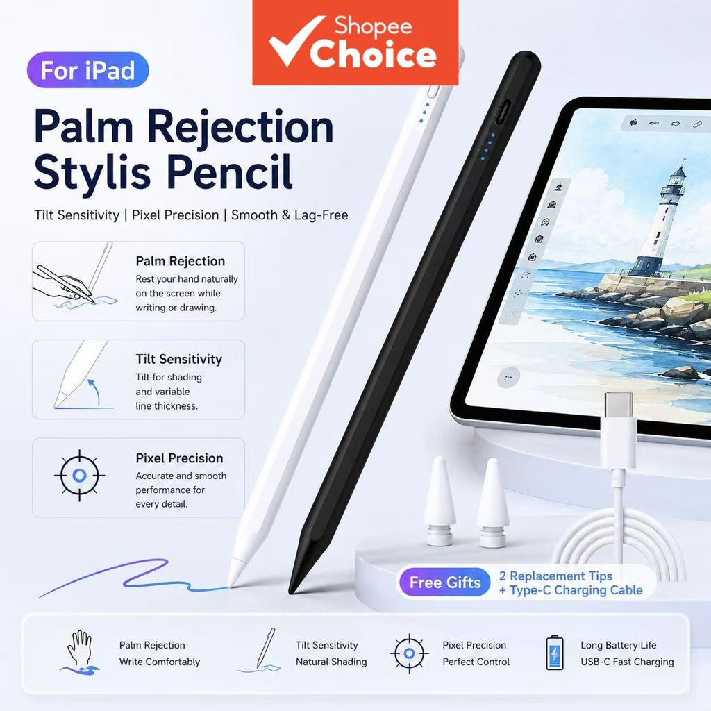 ปากกาสไตลัสสําหรับ iPad รองรับการชาร์จแบบแม่เหล็ก ป้องกันฝ่ามือสัมผัส รองรับหน้าจอสัมผัสแบบคาปาซิทีฟ ใช้งานได้กับ iPad Pro/Air/Mini เครื่องมืออัจฉริยะที่ใช้งานง่าย