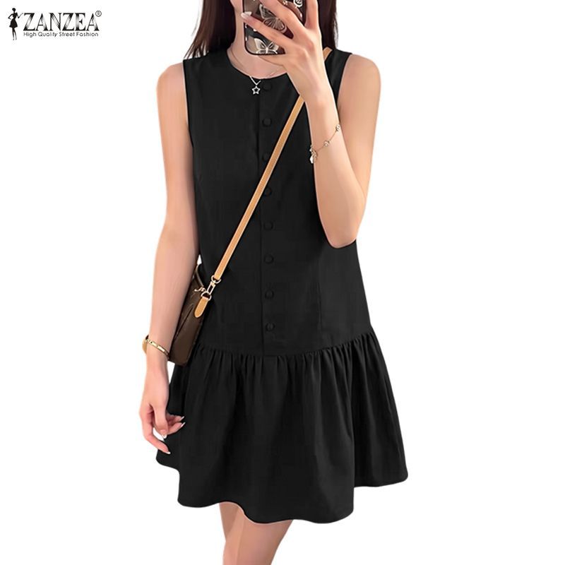 ZANZEA ใส่ ซานเซีย ผู้หญิงเกาหลีสบายๆเย็บปะติดปะต่อกันปุ่มแข็งจีบ โอ-คอแขนกุดชุดหลวม — صورة 7