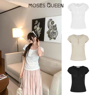 MOSESQUEEN ความเมตตา คอพับขอบหลวมกระชับสัดส่วนและเสื้อยืดแขนสั้นซีทรูเล็กน้อยสําหรับผู้หญิง-เสื้อฤดูร้อนอเนกประสงค์ #63907