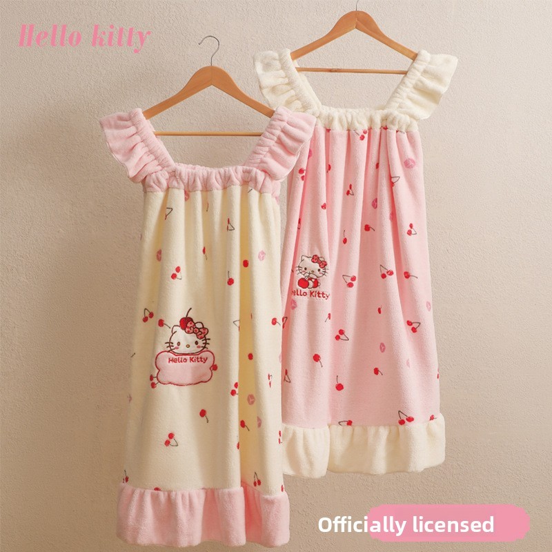 Sanrio ของแท้ผ้าขนหนูอาบน้ําขนแกะปะการังผู้หญิงนุ่มเป็นมิตรกับผิวกระโปรงอาบน้ําดูดซับน้ําแห้งเร็วสลิงเสื้อคลุมอาบน้ําน่ารัก