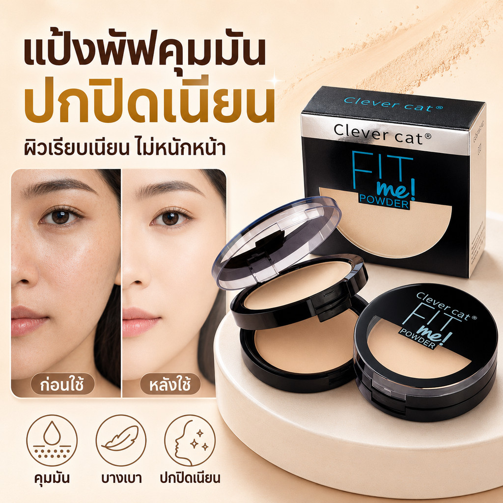 สินค้าขายดี Clever Cat Fit Me Powder แป้งพัฟเนื้อบางเบา คุมมัน กันน้ำ ติดทนนาน ขนาด 18g