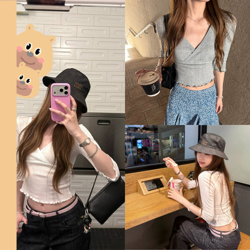 🎀bearbra🎀สไตล์เกาหลี เสื้อแขนสั้นคอวี ทรงเข้ารูป ผ่าข้างต่ำ สีพื้น สั้น ฤดูร้อน
