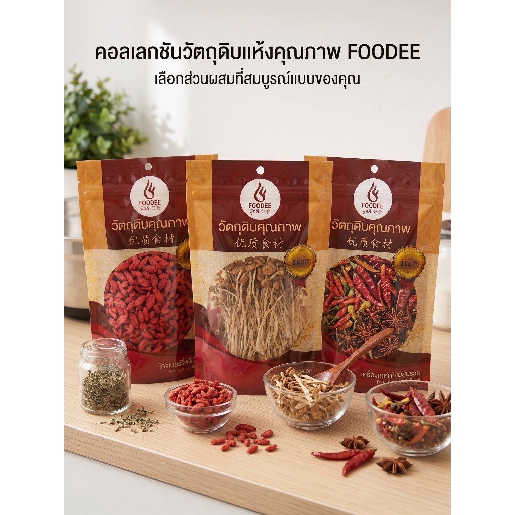 เครื่องเทศ พริกฮวาเจียว พริกเสฉวน อบเชย ชะโก เห็ดหอมแห้ง เห็ดโคนญี่ปุ่น ข้าวฟ่าง กระวาน โป๊ยกั๊ก ถุงซิบล๊อค Foodee