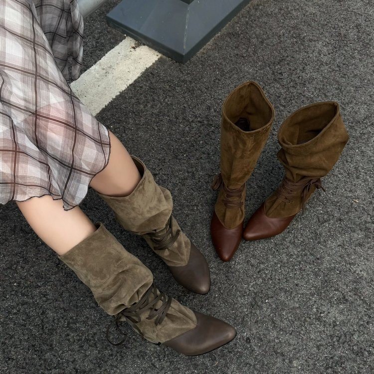 รองเท้าบูทสุภาพสตรี Pointed Toe Lace-Up Suede หลวมกลางหลอดส้นหนารองเท้ากองขนาด 35-40