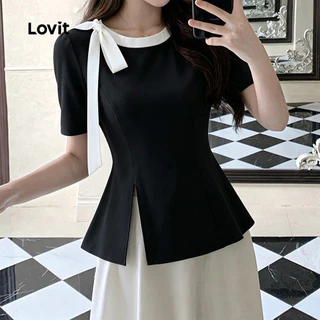 Lovito เสื้อเบลาส์ลูกไม้หรูหราผูกสีบล็อกฤดูใบไม้ผลิ/ฤดูร้อน สีดําขาวสําหรับผู้หญิง LK4LD2719