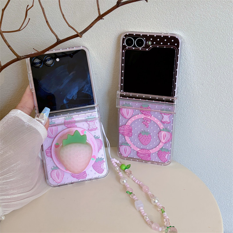 Polka Dot สตรอเบอร์รี่วงเล็บแม่เหล็กสร้อยข้อมือเคสโทรศัพท์สําหรับ Samsung Galaxy Z Flip 8 7 FE 6 5 บานพับฝาครอบป้องกัน
