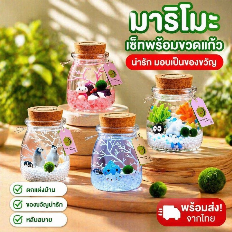 ชุดมาริโมะ สาหร่ายบอล พืชน้ำในขวด พร้อมของตกแต่ง มินิมอล ตั้งโต๊ะ ของขวัญนำโชค เลี้ยงง่าย