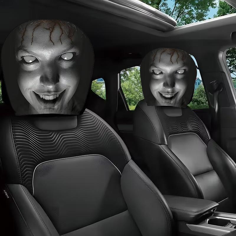 2 ชิ้น Ghost Face พิมพ์พนักพิงศีรษะรถครอบคลุม, Spooky น่ากลัวสยองขวัญรูปแบบยานยนต์ที่นั่งหัว Rest Protector yaenith