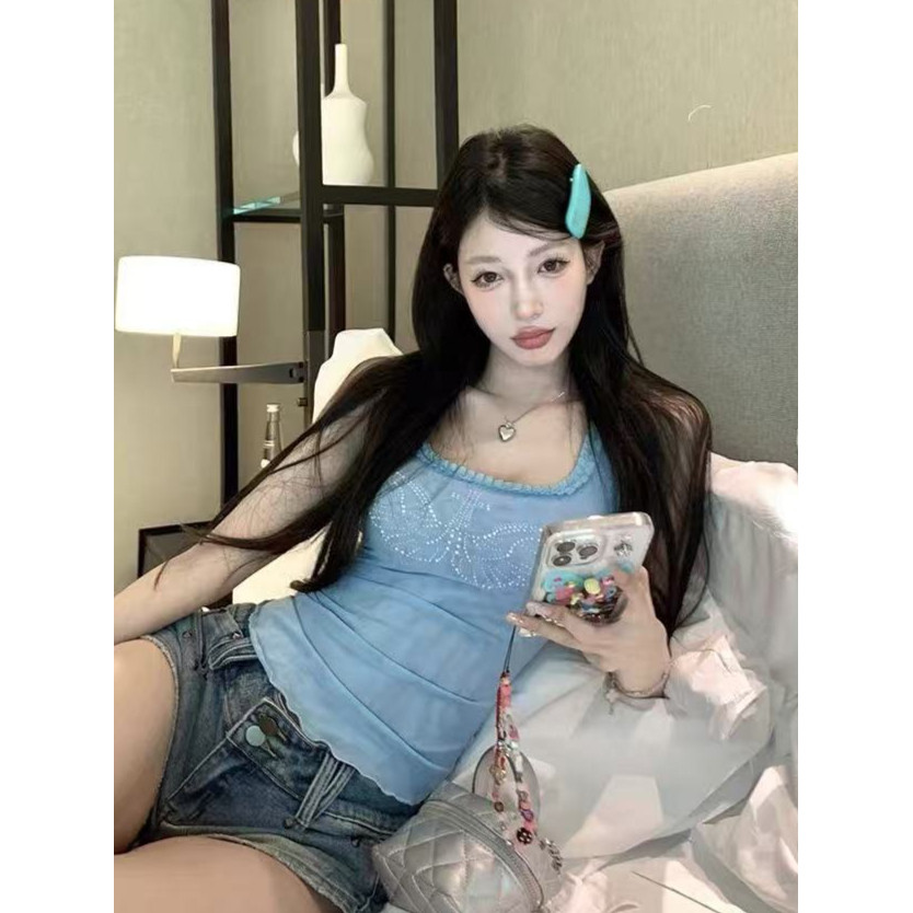 <Mess Queen> เสื้อกั๊กแขนกุดสีฟ้า, ฤดูร้อนบางเย็บปะติดปะต่อกันเร้าใจตาข่ายด้านบน