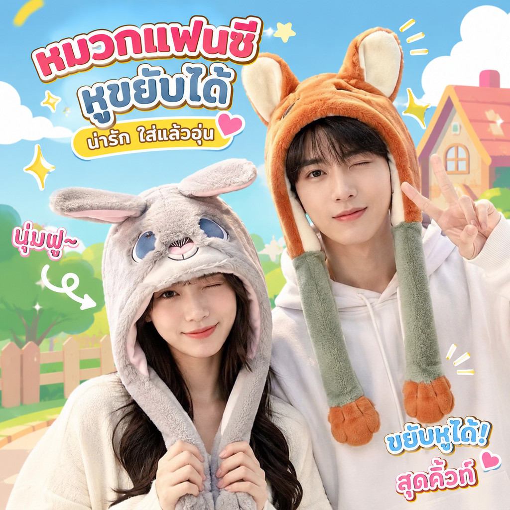 หมวกขนฟลีซตุ๊กตา หมวกหนาวผู้หญิง กันหนาวด้วยดีไซน์น่ารัก หูการ์ตูนขยับได้ อบอุ่นกระชับทรงหัว